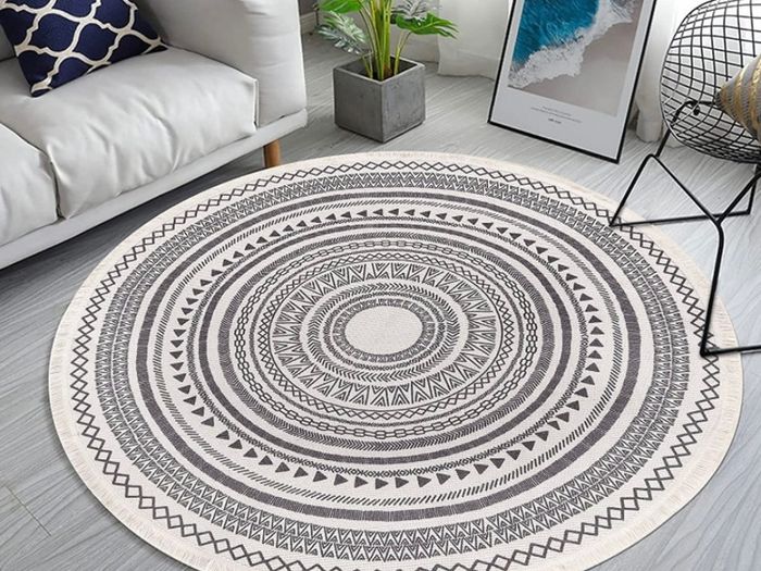 Round Rug Bohemian 4FT/120cm Circle Area Rug Cotton Rug Washable Round Rug Geometric Pattern Printed Hand Woven Carpet with Tassels Floor Mat for Kitchen Living Room Laundry Playroom (FREE POSTAGE)
