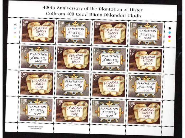 2009 Ireland 400th Anniversary of the Plantation of Ulster Commemorative Stamp Sheetlet Plate 1A1A1A1A Mint Never Hinged (MNH)