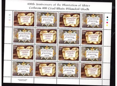 2009 Ireland 400th Anniversary of the Plantation of Ulster Commemorative Stamp Sheetlet Plate 1A1A1A1A Mint Never Hinged (MNH)