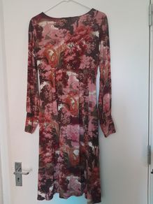 Long dress in red, orange, pink abstract floral pattern