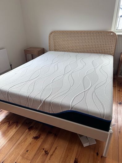 King bed with rattan and steel frame and mattress - IKEA