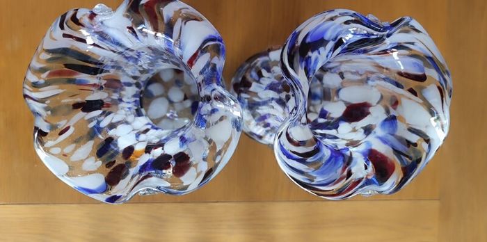 Set 2 Vintage Murano Tall Blue Carnival Confetti Vase With Ruffled Top, Hand Blown Blue Speckled Glass Vessel, Mid Century Italian Vase