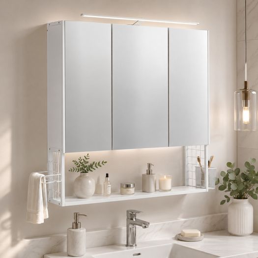 LED Mirrored Bathroom Cabinet White with Storage, Basket & Hair Dryer Holder