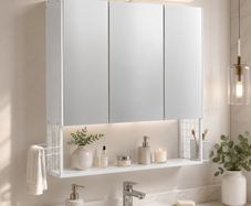 LED Mirrored Bathroom Cabinet White with Storage, Basket & Hair Dryer Holder
