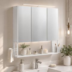 LED Mirrored Bathroom Cabinet White with Storage, Basket & Hair Dryer Holder