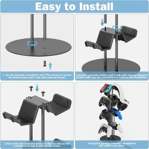 Controller Stand 4 Tiers with Headphone Holder for Desk, Universal Controller Holder Compatible with Xbox PS5 PS4 Nintendo Switch, Headset Hanger & Desk Mounts for 8 Packs Controller