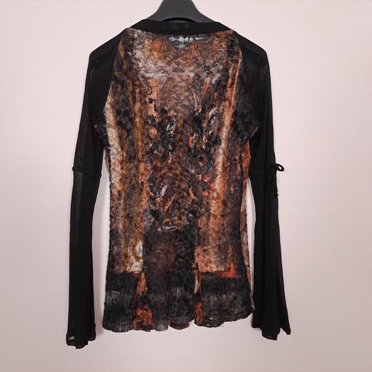 Legatte Jeans Vintage Y2K Grunge Brown Black Abstract Sheer Mesh Flared Sleeve Button Up Shirt Top 14UK/42EU