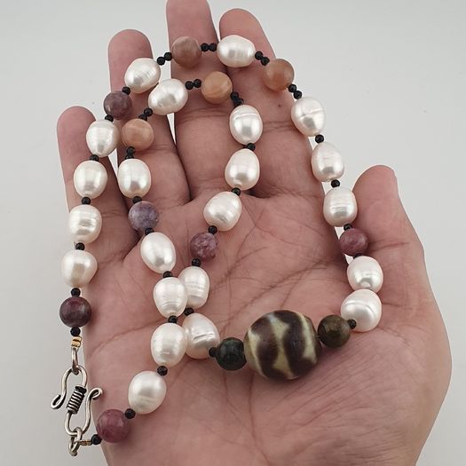 Himalayan Dzi Agate Pendant Necklace with Genuine Freshwater Pearls & Tourmaline