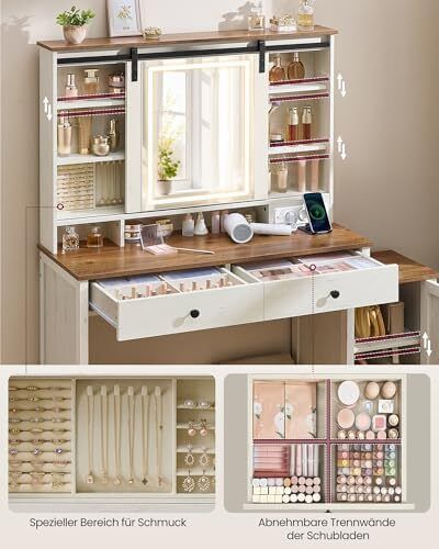 Vintage Dressing Table with Mirror and Lighting with Stool 2 Drawers, Jewellery Storage