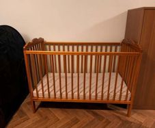 Large Brown Wooden Baby Cot With Mattress