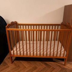 Large Brown Wooden Baby Cot With Mattress
