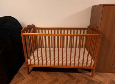 Large Brown Wooden Baby Cot With Mattress