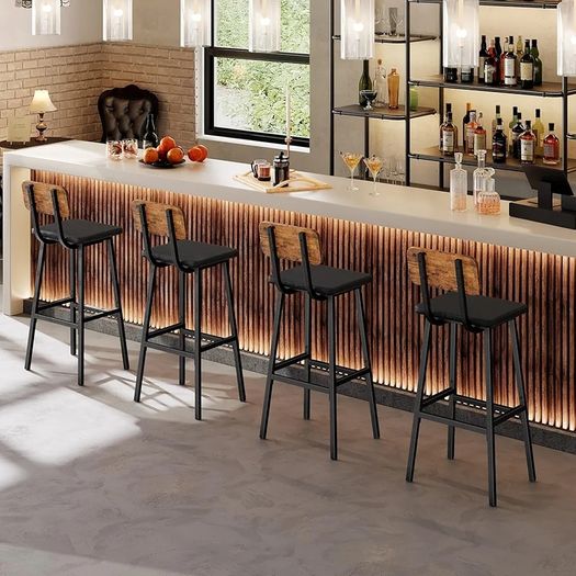 Bar Stools Set of 2, PU Upholstered Breakfast Bar Stools, Industrial Barstools with Backrest and Footrests, Bar Chairs for Kitchen, Dining Room, Bar, Rustic Brown and Black