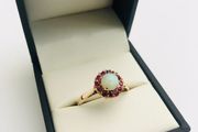 Vintage 9ct Yellow Gold Ruby &amp; Fiery Opal Cluster Ring