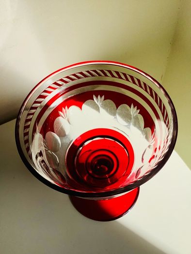Vintage Bohemian Ruby Flash Cut Crystal Glass Pedestal Bowl