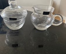 Duiske Irish glass lidded sugar bowl and jug