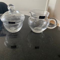 Duiske Irish glass lidded sugar bowl and jug