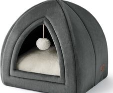 Cat Cave Bed Indoor - Flannel Hooded Cat Igloo House, 40x40x40cm Enclosed Foldable Pet Bed with Removable Washable Cushion Pillow, Dark Grey
