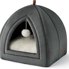 Cat Cave Bed Indoor - Flannel Hooded Cat Igloo House, 40x40x40cm Enclosed Foldable Pet Bed with Removable Washable Cushion Pillow, Dark Grey