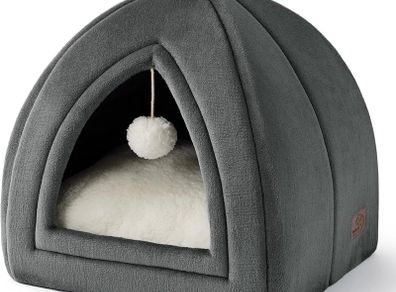 Cat Cave Bed Indoor - Flannel Hooded Cat Igloo House, 40x40x40cm Enclosed Foldable Pet Bed with Removable Washable Cushion Pillow, Dark Grey
