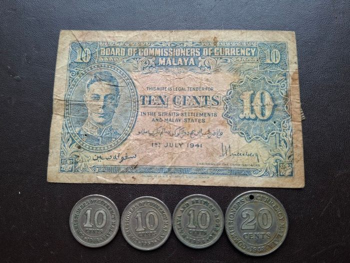 A Lot of one note and 4 coins from Malaya (1941-1956)
