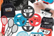 FREE EXPRESS SHIPPING Sports Family Party Pack Accessories Bundle designed for Nintendo Switch and OLED Console Games with Tennis Badminton Rackets, Controller Grips, Wheels &amp; Wrist Dance Bands - With Carry sack