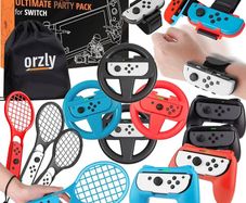 FREE EXPRESS SHIPPING Sports Family Party Pack Accessories Bundle designed for Nintendo Switch and OLED Console Games with Tennis Badminton Rackets, Controller Grips, Wheels & Wrist Dance Bands - With Carry sack