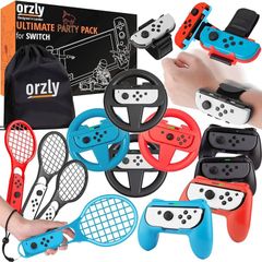 FREE EXPRESS SHIPPING Sports Family Party Pack Accessories Bundle designed for Nintendo Switch and OLED Console Games with Tennis Badminton Rackets, Controller Grips, Wheels & Wrist Dance Bands - With Carry sack