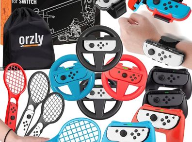 FREE EXPRESS SHIPPING Sports Family Party Pack Accessories Bundle designed for Nintendo Switch and OLED Console Games with Tennis Badminton Rackets, Controller Grips, Wheels & Wrist Dance Bands - With Carry sack