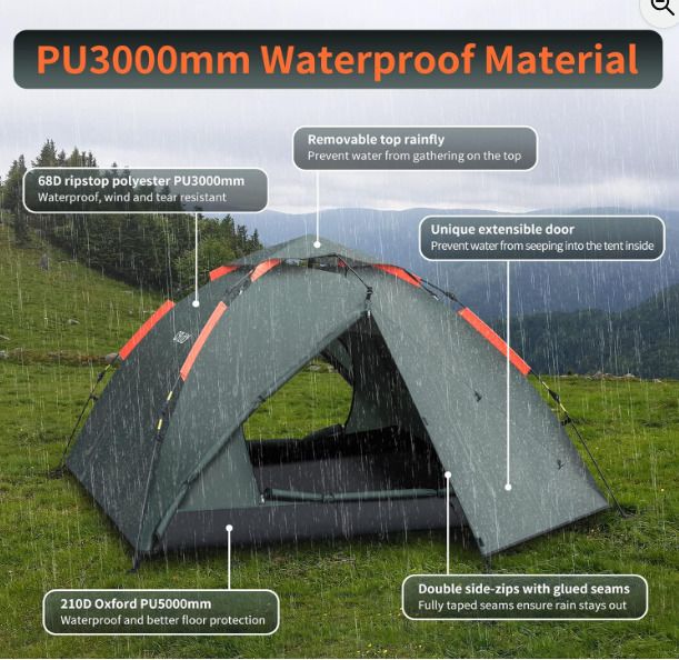 Cflity Camping Tent, 3 Man Instant Pop Up Tent Waterproof Three Layer Automatic Dome Tent, Large Lightweight 4 Seasons Tent