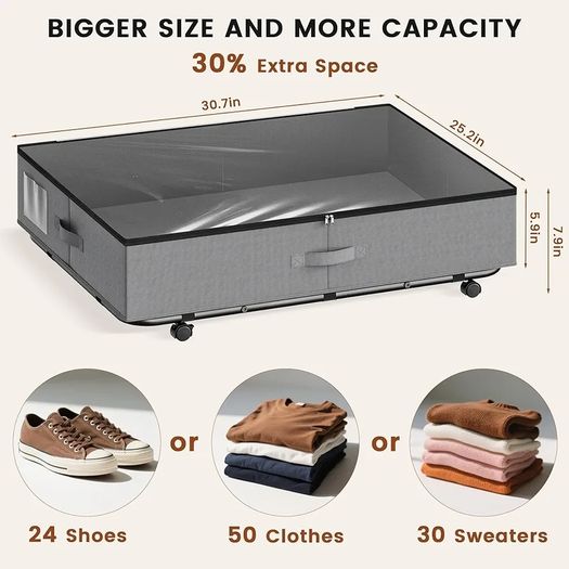 XXXL 78L Under Bed Storage on Wheels, 2-Pack Rolling Storage Containers with Clear Lid & Label, Heavy-Duty Metal Frame, Easy Pull-out, Underbed Storage Bins for Clothes, Shoes, Blankets, and Toys