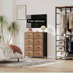 8 Drawers Chest of Drawers, Fabric Storage Dresser Vertical with Spacious Wooden Tabletop
