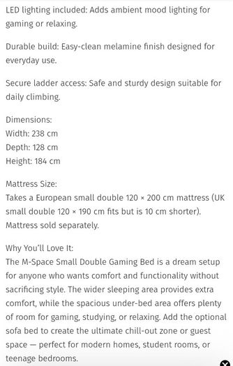 Gaming bed (small double and sofa bed)