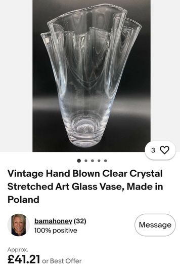 Vintage Hand Blown Clear Crystal Stretched Art Glass Vase, Made in Poland