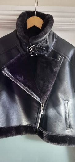 H&M Black faux leather & fur cropped biker jacket Sz M (Fit 12-14UK) Rrp 89.99