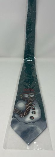 Dark Green Christmas Tie With Snowman with snow falling design. New in packaging.
