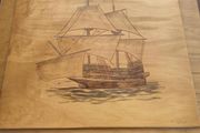Wood Inlay Ship Wall Hanging Plaque signed R. Coffey.