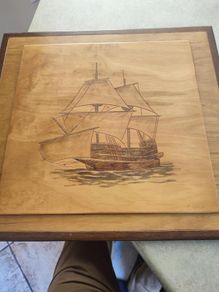 Wood Inlay Ship Wall Hanging Plaque signed R. Coffey.