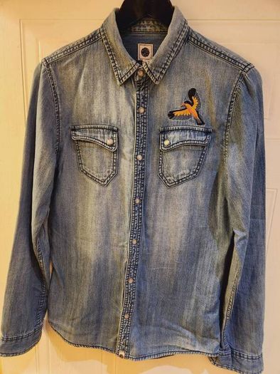 Pretty Green Embroidered Bird Vintage Denim Shirt with Pearl Effect Buttons XS Rare