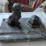 Antique desk inkwell with a seated dog on marble stand Image 4