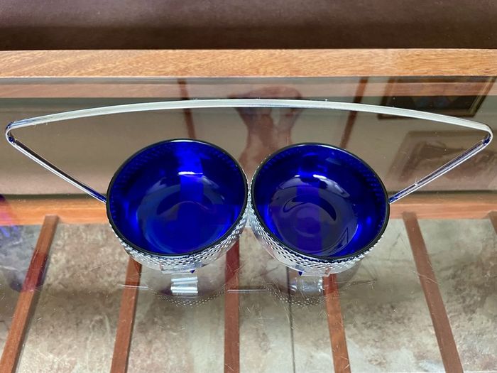 Vintage 1950s Cobalt Blue Glass & Silver Chrome Double Table Basket