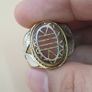 Vintage Etched Carnelian Agate Ring Brass & Silver Inlay, Flower Design Image 2
