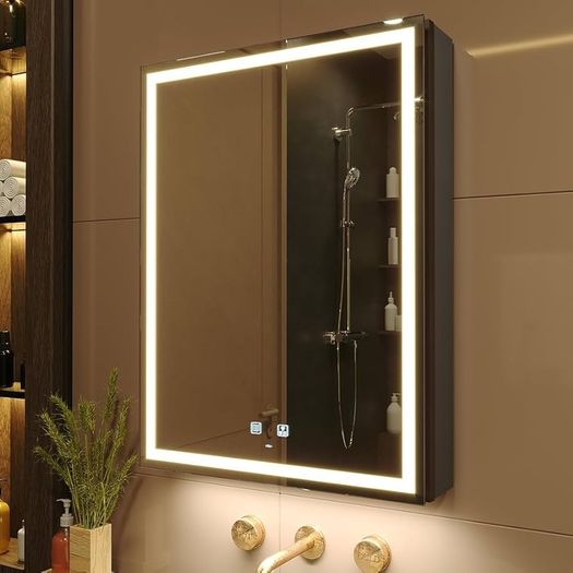 50 x 70 cm LED Lighted Bathroom Medicine Cabinet with Mirror, Defogger, Dimmer, 3 Color Light Makeup Mirror, Easy to Install, Wall Mounted Mirror Medicine Cabinet