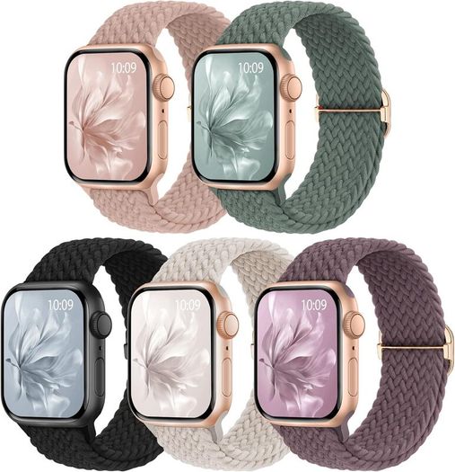 5 Pack Braided Band Compatible for Apple Watch Straps Women 40mm 41mm 38mm 42mm 44mm 45mm 46mm 49mm, Breathable Stretchy Elastic Sport Loop for iWatch SE3 Series 11/10/9/8/7/6/5/4/3/2