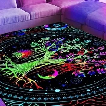 Blacklight Tree of Life Rug, UV Reactive Neon Fluorescent Area Rug, Non-slip Luminous Life Tree Moon & Sun Carpet, Glow in The Dark Boho Decor for Playroom Bedroom Living Room 180x120cm