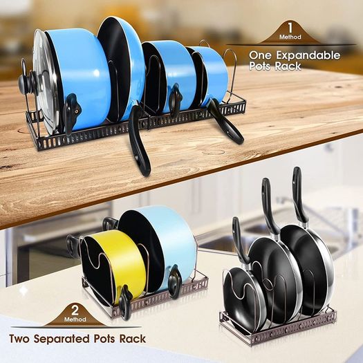 Pan Organiser Rack, Pot Lid Organizers with 7 Dividers, Expandable Pots and Pans Holder, Bakeware Rack, Kitchen Cupboard Organiser for Pantry Cabinet, Black