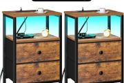 Bedside Table 2 with Charging Station, Side Table with LED Light