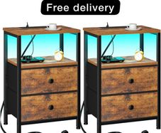 Bedside Table 2 with Charging Station, Side Table with LED Light