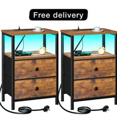 Bedside Table 2 with Charging Station, Side Table with LED Light