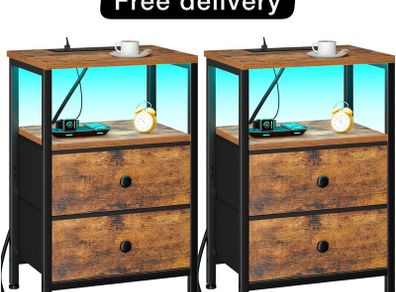 Bedside Table 2 with Charging Station, Side Table with LED Light